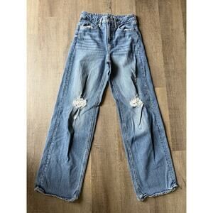 OLD NAVY Extra High Rise Sky Hi Wide Leg Jeans‎ Distressed Ripped Size 2